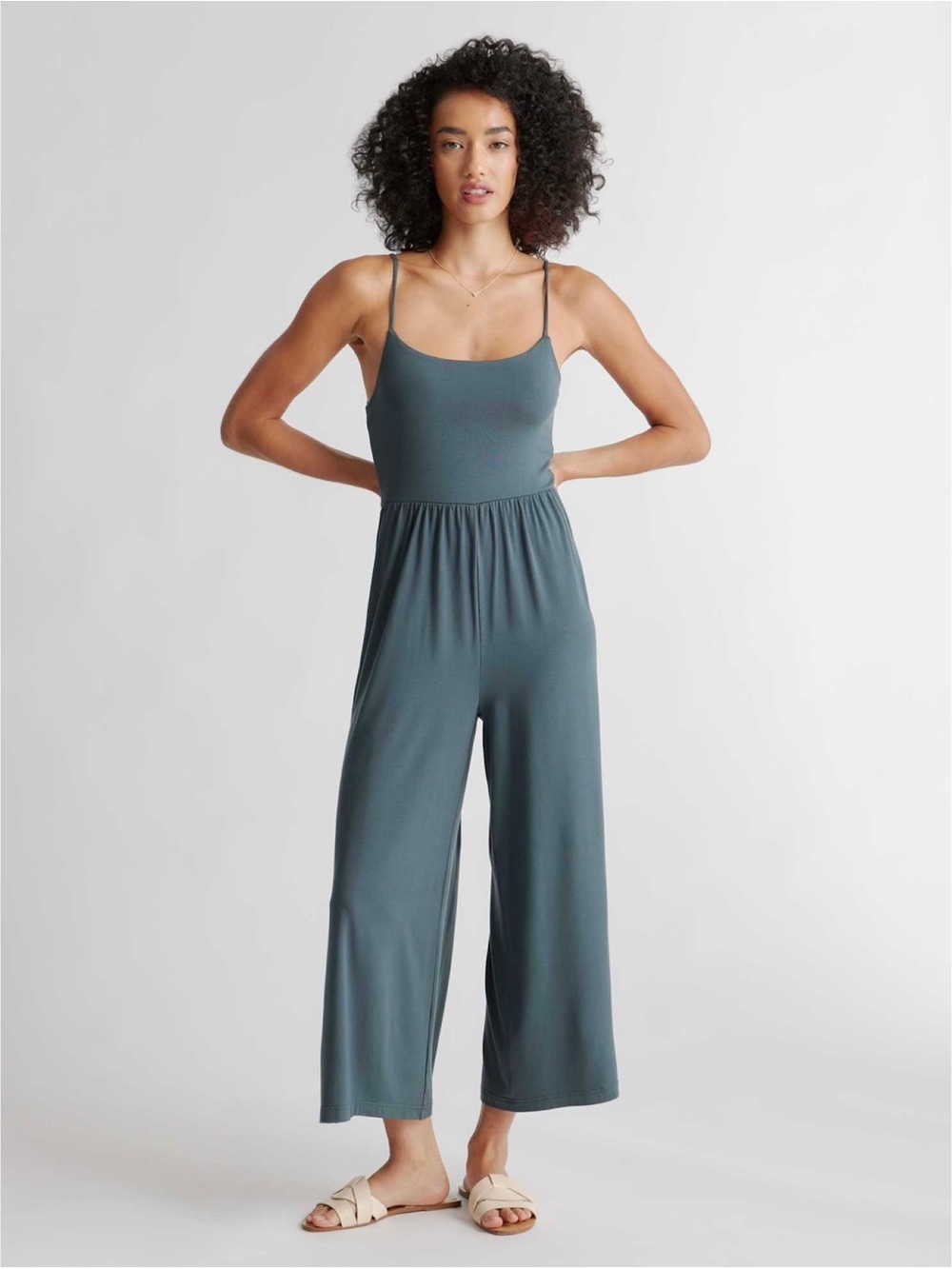 Quince “Tencel Jersey” grey-green wide leg casual jumpsuit (large)